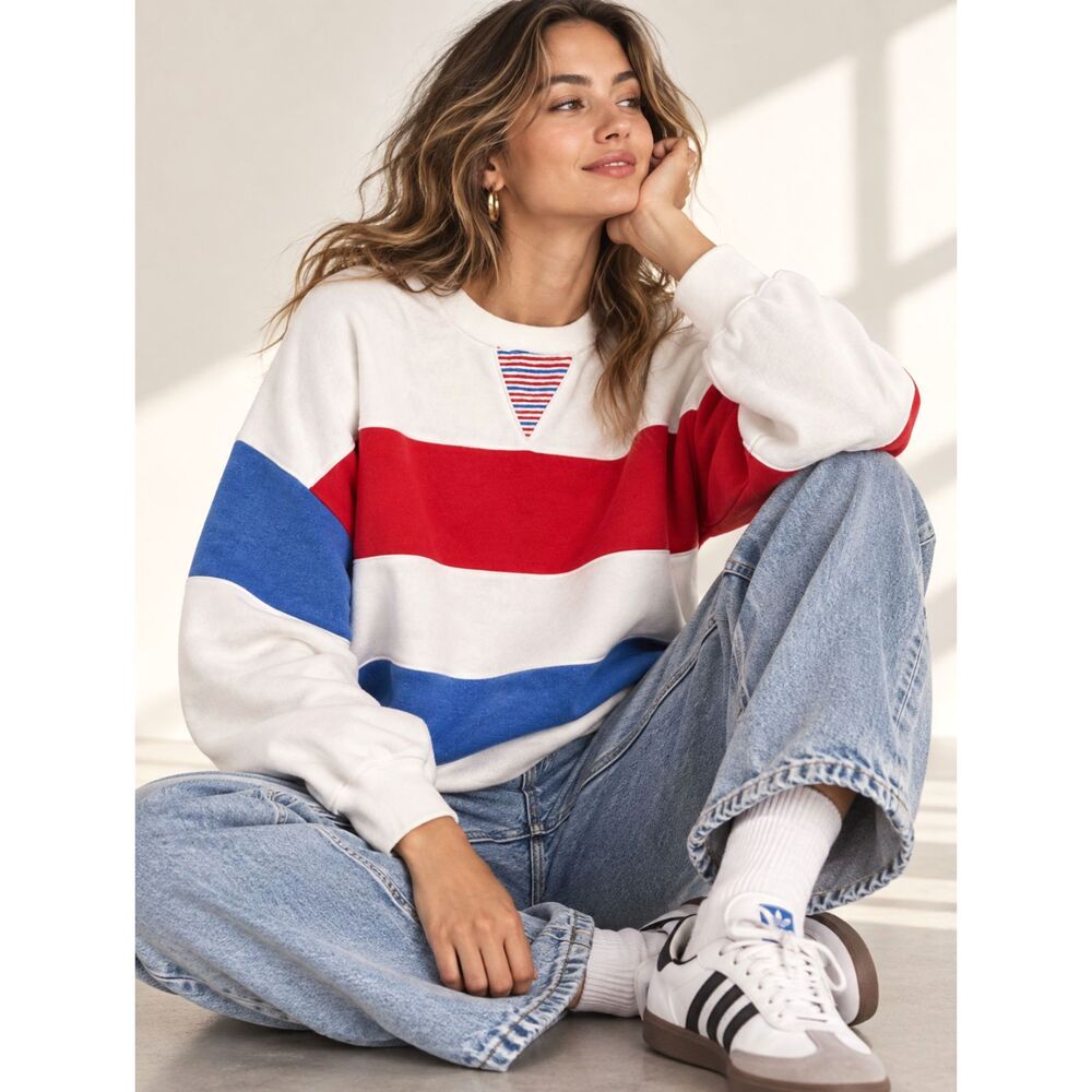 Vintage Ashley Hill Women’s M Colorblock Sweatshirt Red White Blue 80s 90s Retro